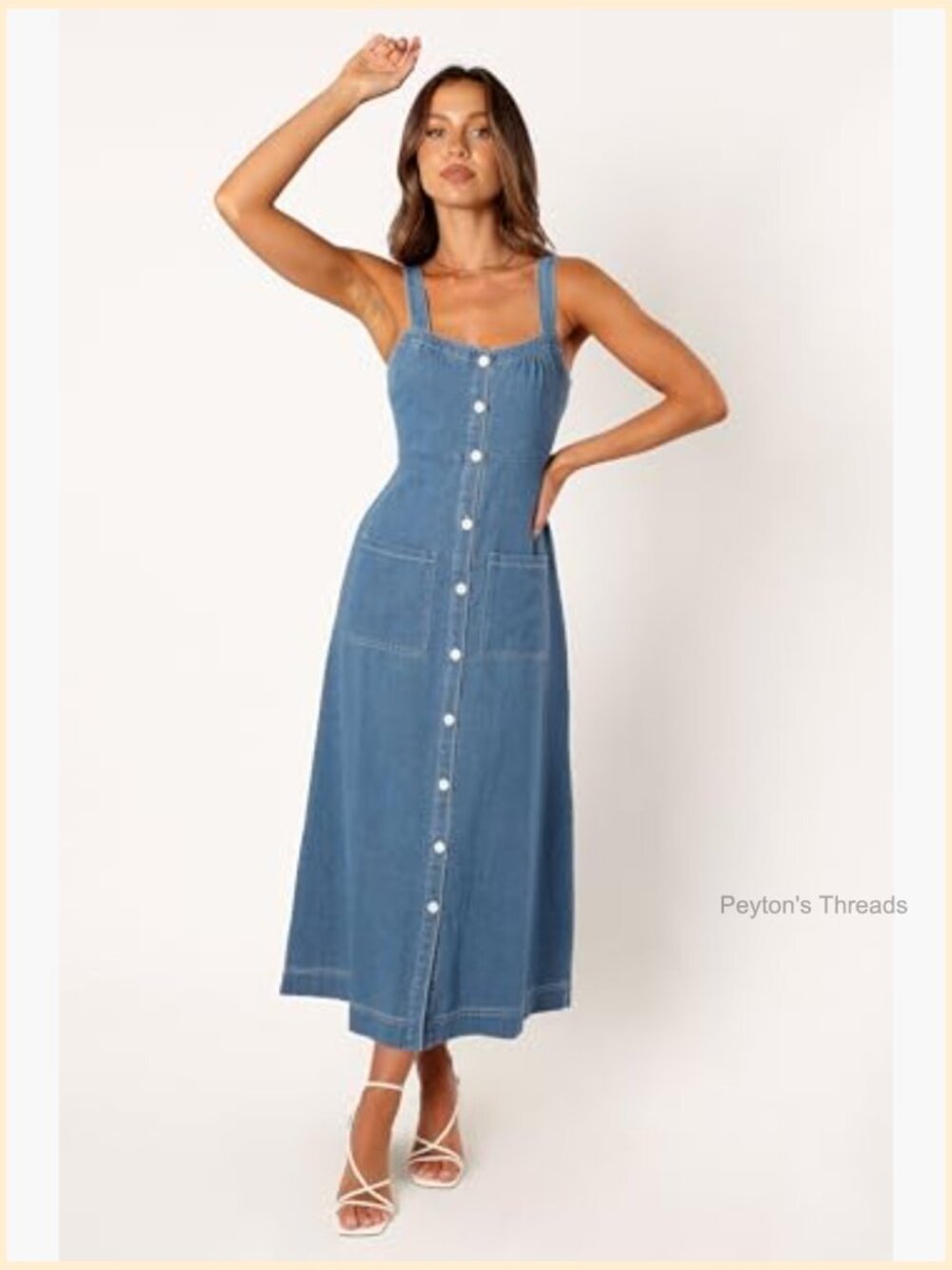Midi Length Square Neck A-Line Dress with Adjustable Straps - Picture 5 of 7